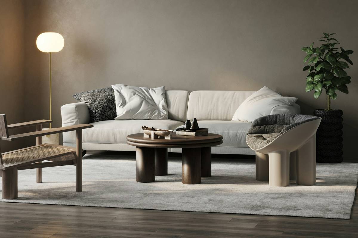 Delivery team setting up outdoor poolside furniture rental with modern coffee table and sling chairs beside a residential pool